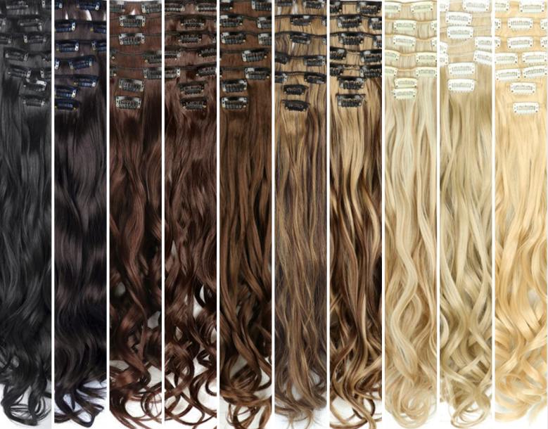 a collection of 7 piece curly synthetic hair extensions in dark and light colours